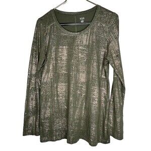 a.n.a Women's Size Medium Long Sleeve Shirt Olive Green Rose Gold Glitter Top